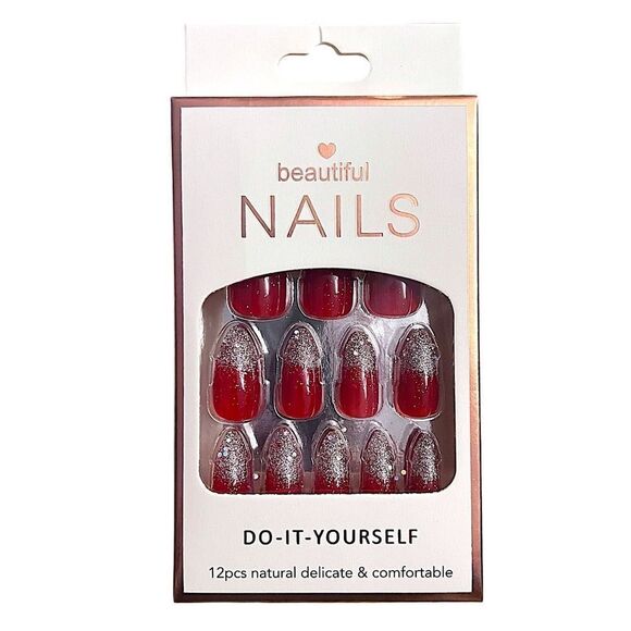 Press On Nails Medium Length In Mauve Color Silver Glitter Tips Almond Shape NWT - Picture 1 of 2